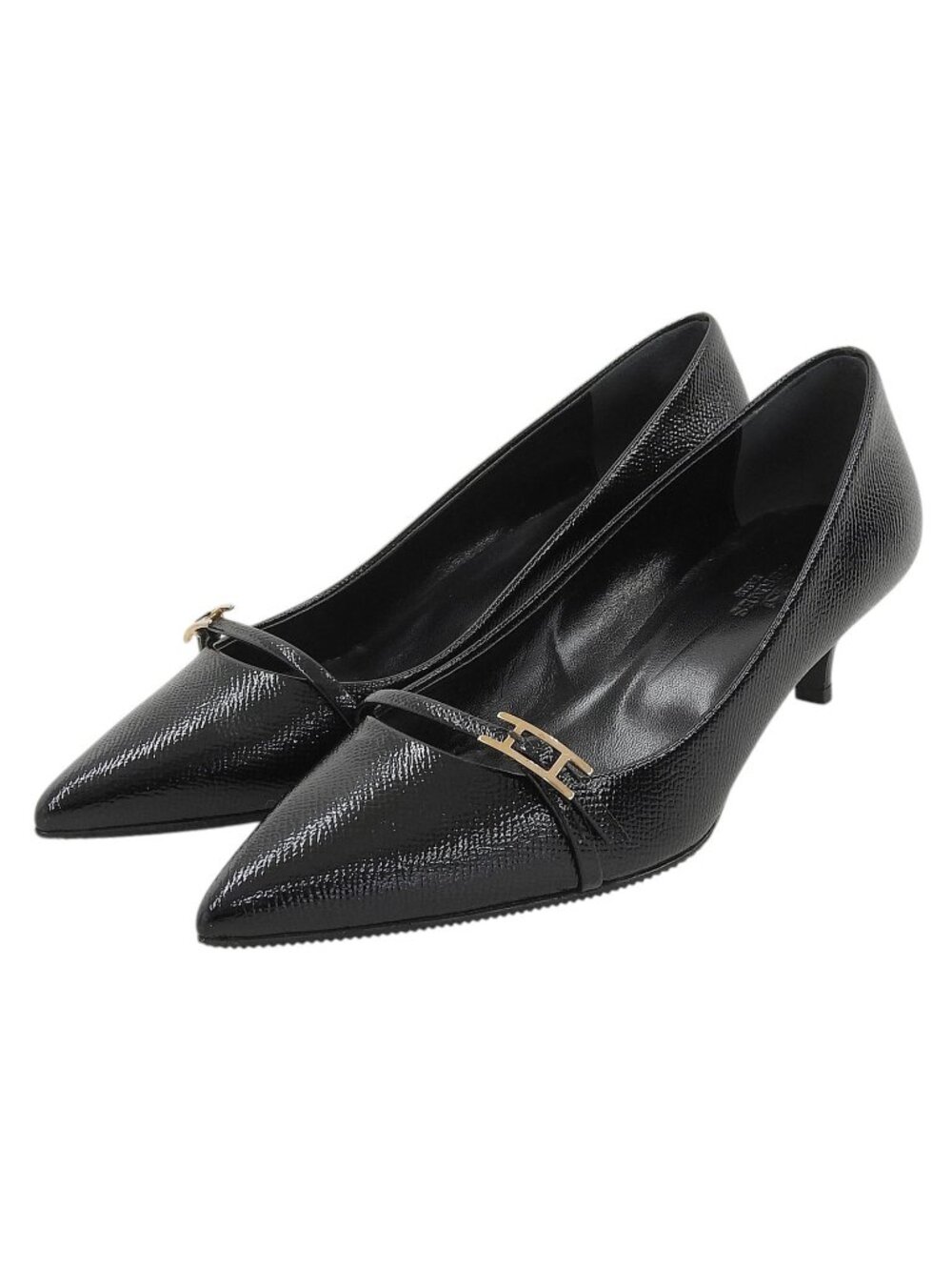 Hermes Patent Leather Hapi Buckle Pointed Toe Pumps Black Heels